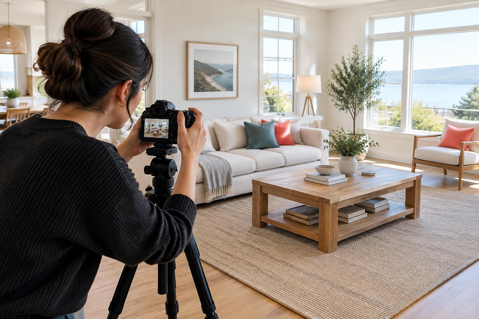 An interior photographer capturing a vacation rental living room