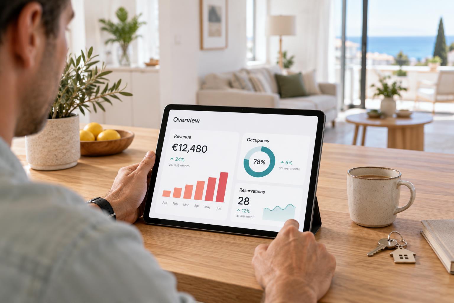 An owner reviewing rental revenue and occupancy charts on a tablet