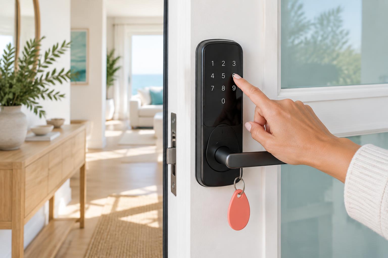 A guest using a secure keypad lock at a rental entrance